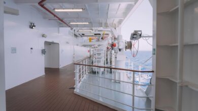 Modern cruise ship deck with ocean view and relaxation areas