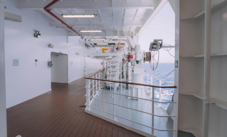 Modern cruise ship deck with ocean view and relaxation areas