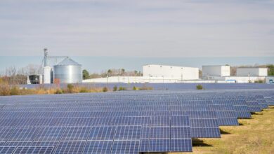 Solar panels floating on water reservoir surface with clear blue sky
