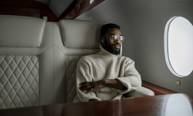 Luxurious airplane cabin interior showing premium seating arrangements