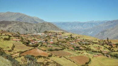 Traditional stone houses built into mountainside with terraced gardens in Morocco's High Atlas region