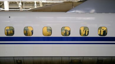 Modern bullet train at station platform showing sleek exterior design