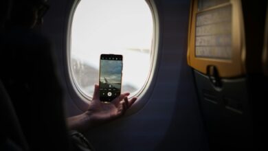 Hand holding smartphone with airline app open next to airplane window
