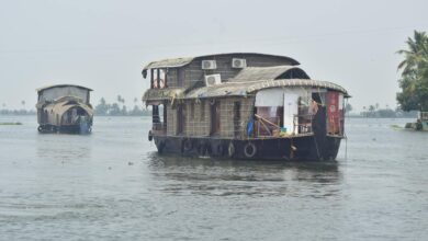Traditional wooden houseboat floating on calm backwater canal surrounded by palm trees