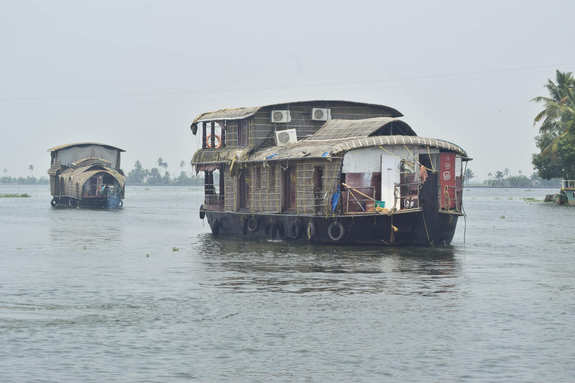 Traditional wooden houseboat floating on calm backwater canal surrounded by palm trees