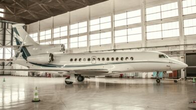 Interior of luxury private jet with comfortable seating and elegant design