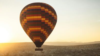 Colorful hot air balloon floating over African savanna landscape at sunrise