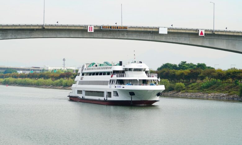 Modern river cruise ship docked along European waterway with passengers boarding