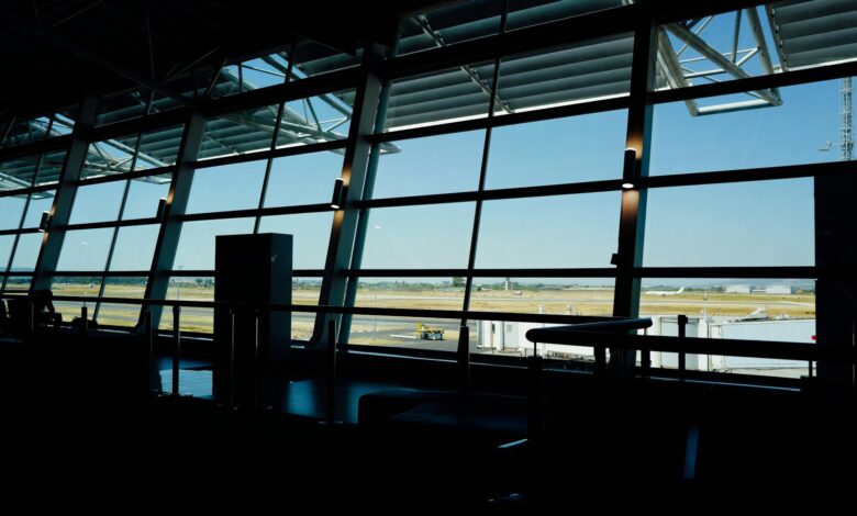 Modern airport lounge interior with comfortable seating and ambient lighting