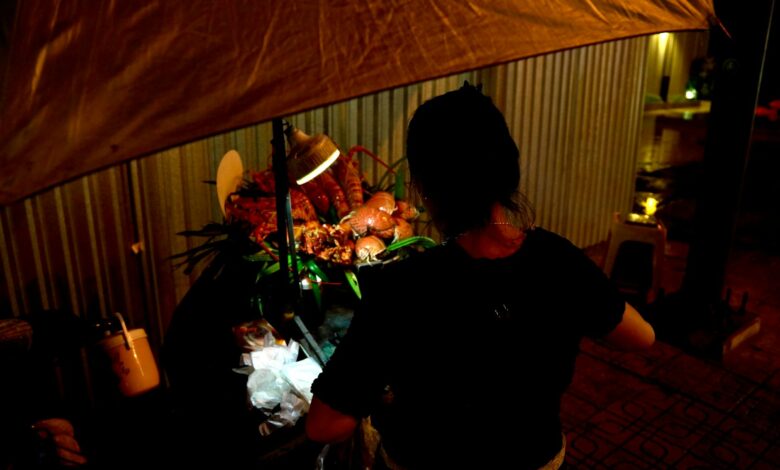 Local street food vendor preparing traditional dishes at outdoor market stall