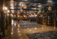 Elegant hotel lobby with marble floors and modern furniture showcasing upscale hospitality environment