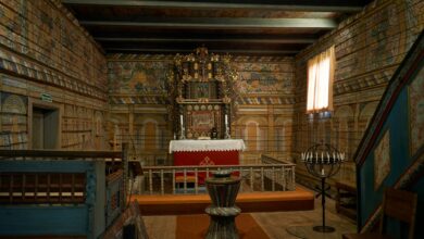 Interior view of an Arctic cathedral with wooden architecture and natural lighting