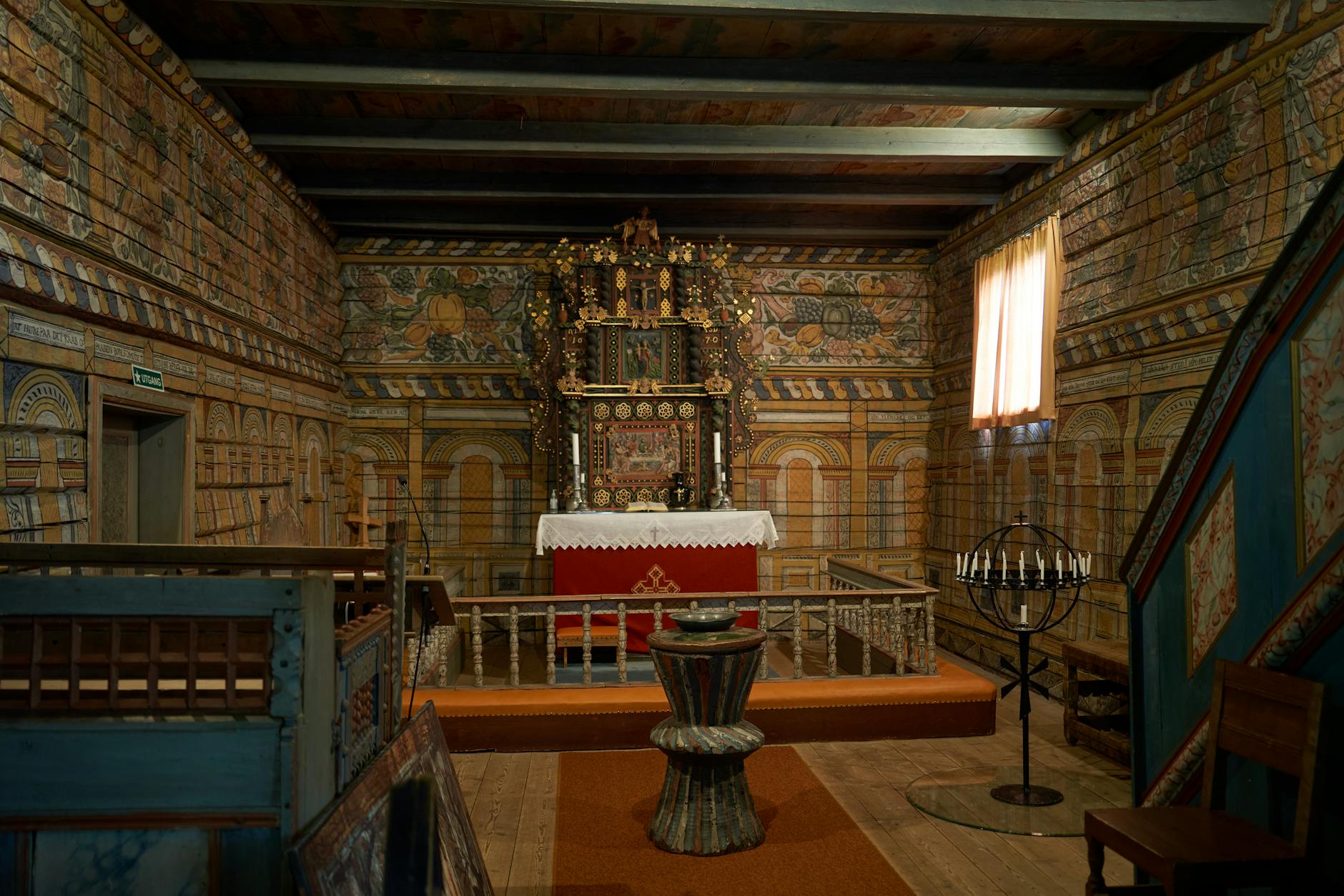 Interior view of an Arctic cathedral with wooden architecture and natural lighting