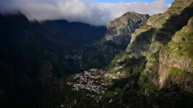 Traditional Portuguese stone houses in abandoned village with narrow cobblestone streets