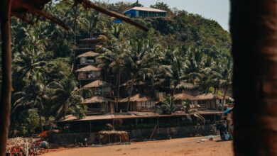Beachfront resort with palm trees and tropical landscaping along Costa Rican coastline