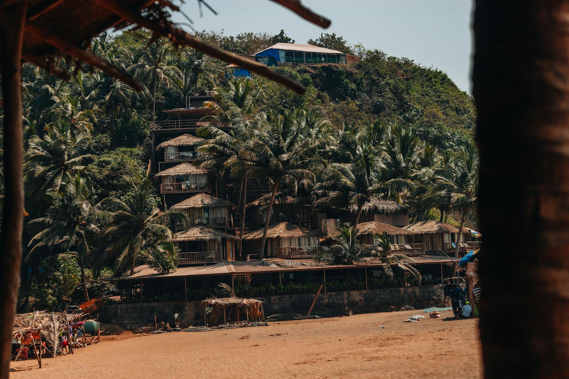 Beachfront resort with palm trees and tropical landscaping along Costa Rican coastline