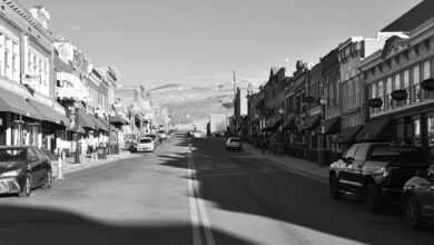Quiet small town main street with local businesses and peaceful atmosphere