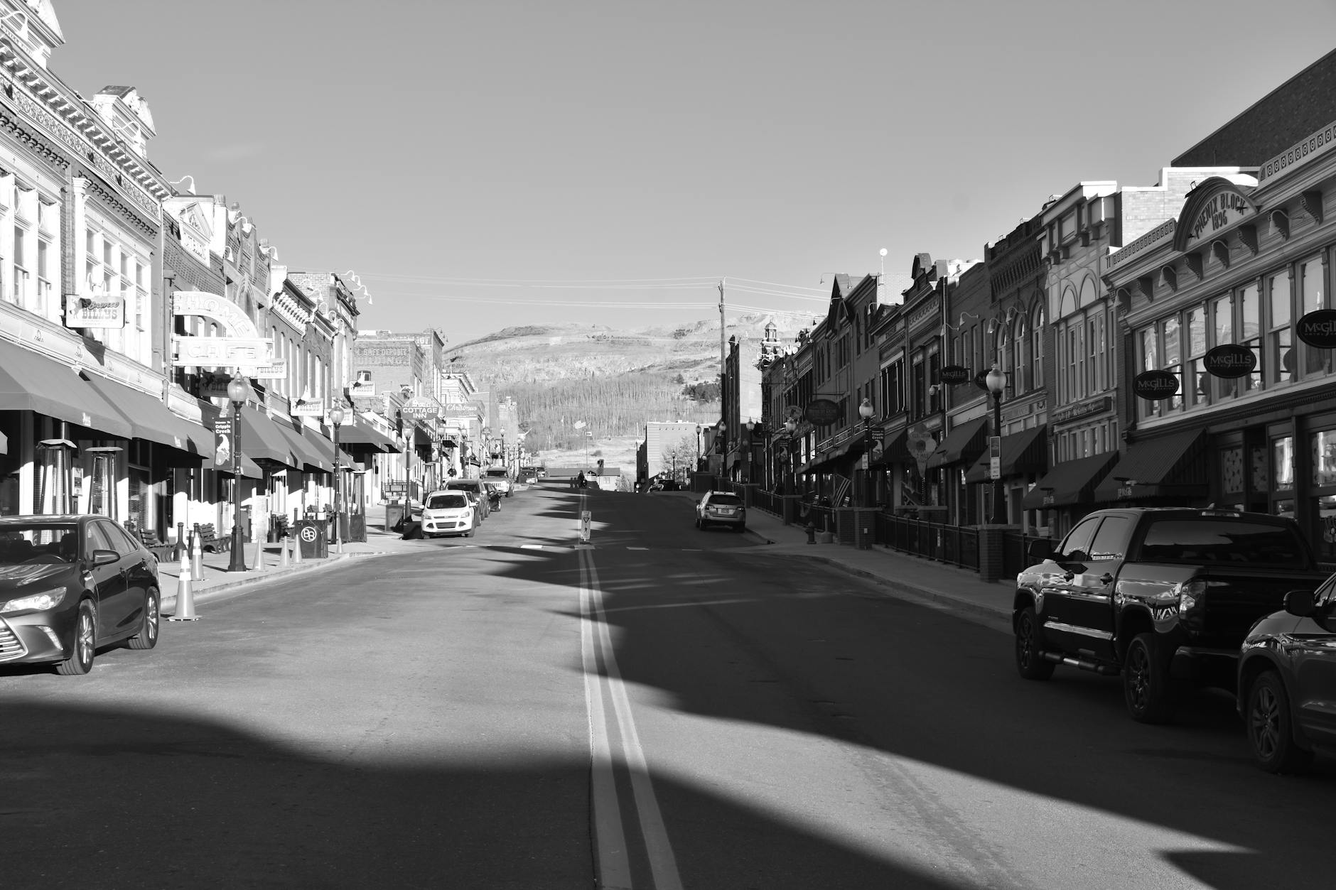 Quiet small town main street with local businesses and peaceful atmosphere
