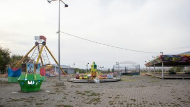 Empty roller coaster tracks overgrown with vegetation against cloudy sky