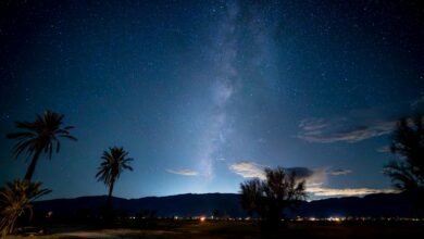 Starry night sky over desert landscape with clear visibility of celestial objects