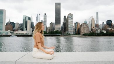 Professional person meditating in modern office environment