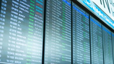 Digital airport departure board showing multiple international flight destinations and times