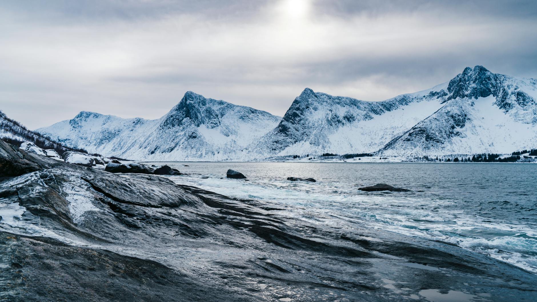 Vast snow-covered Arctic tundra landscape with expansive white terrain under overcast sky