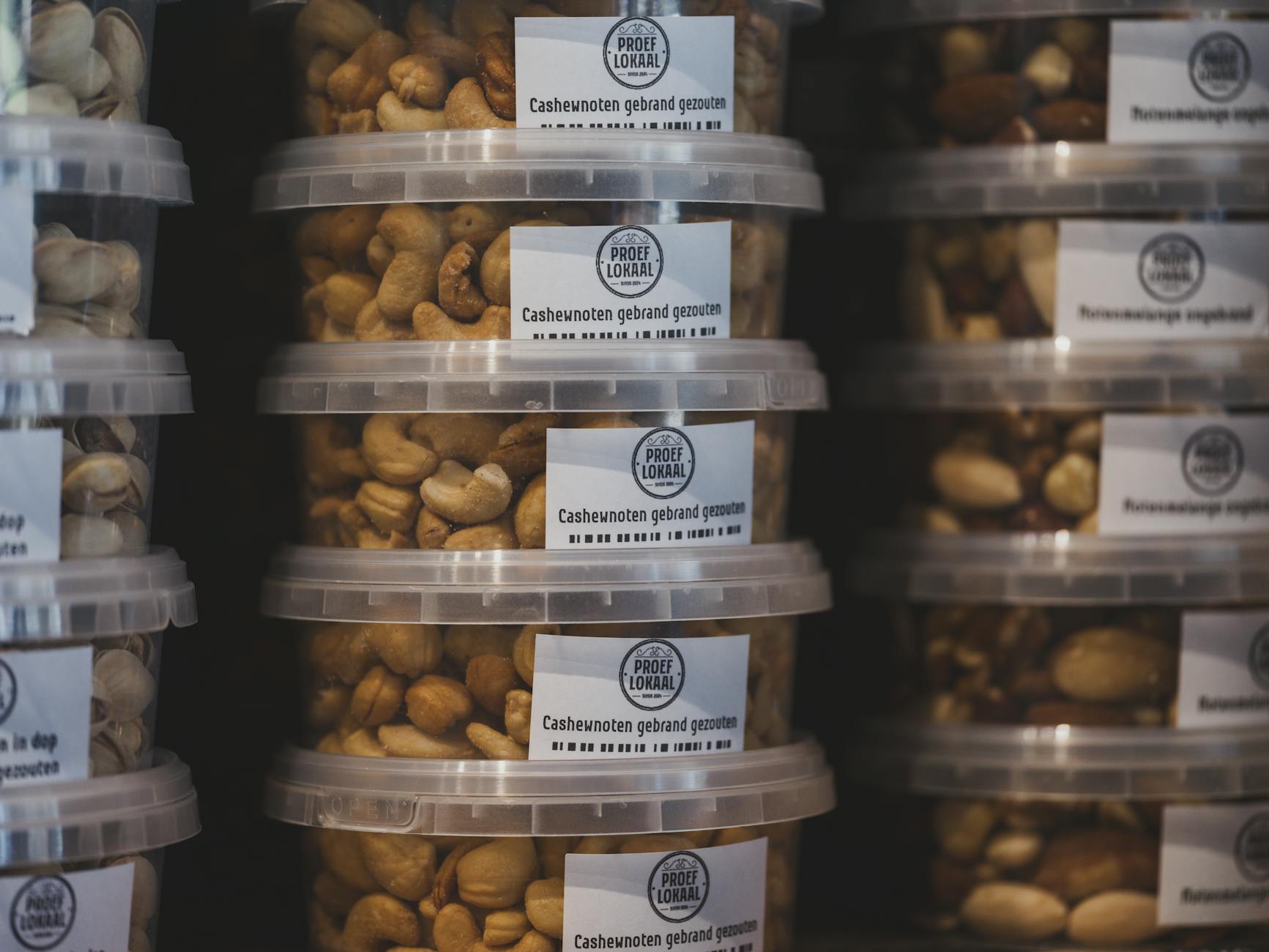 Close-up of various international food product labels and packaging