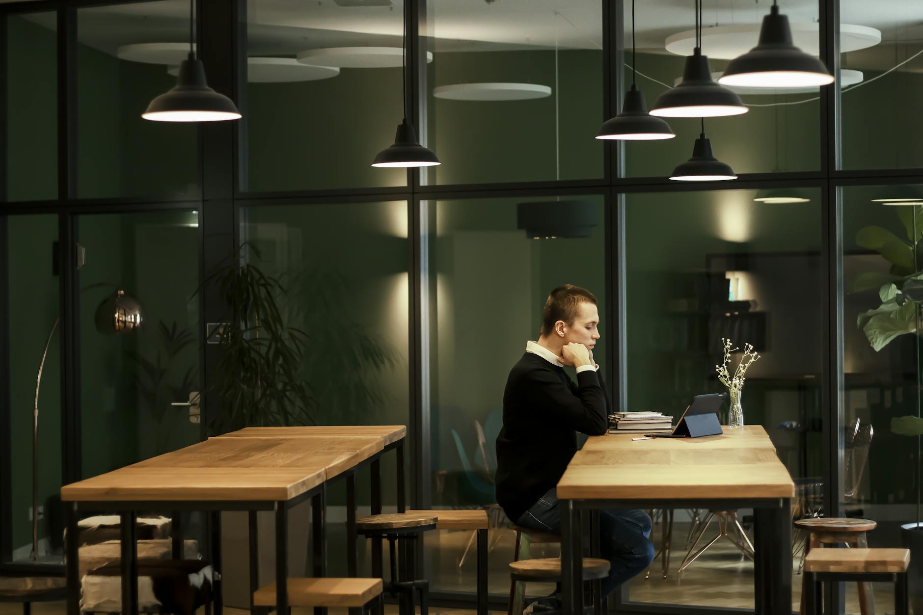 Sophisticated co-working space with comfortable seating and natural lighting
