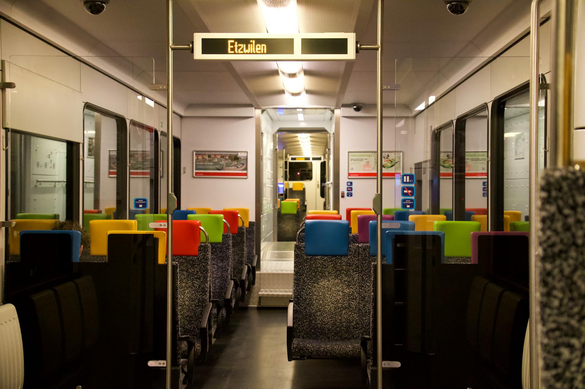 Interior view of European train with comfortable passenger seating