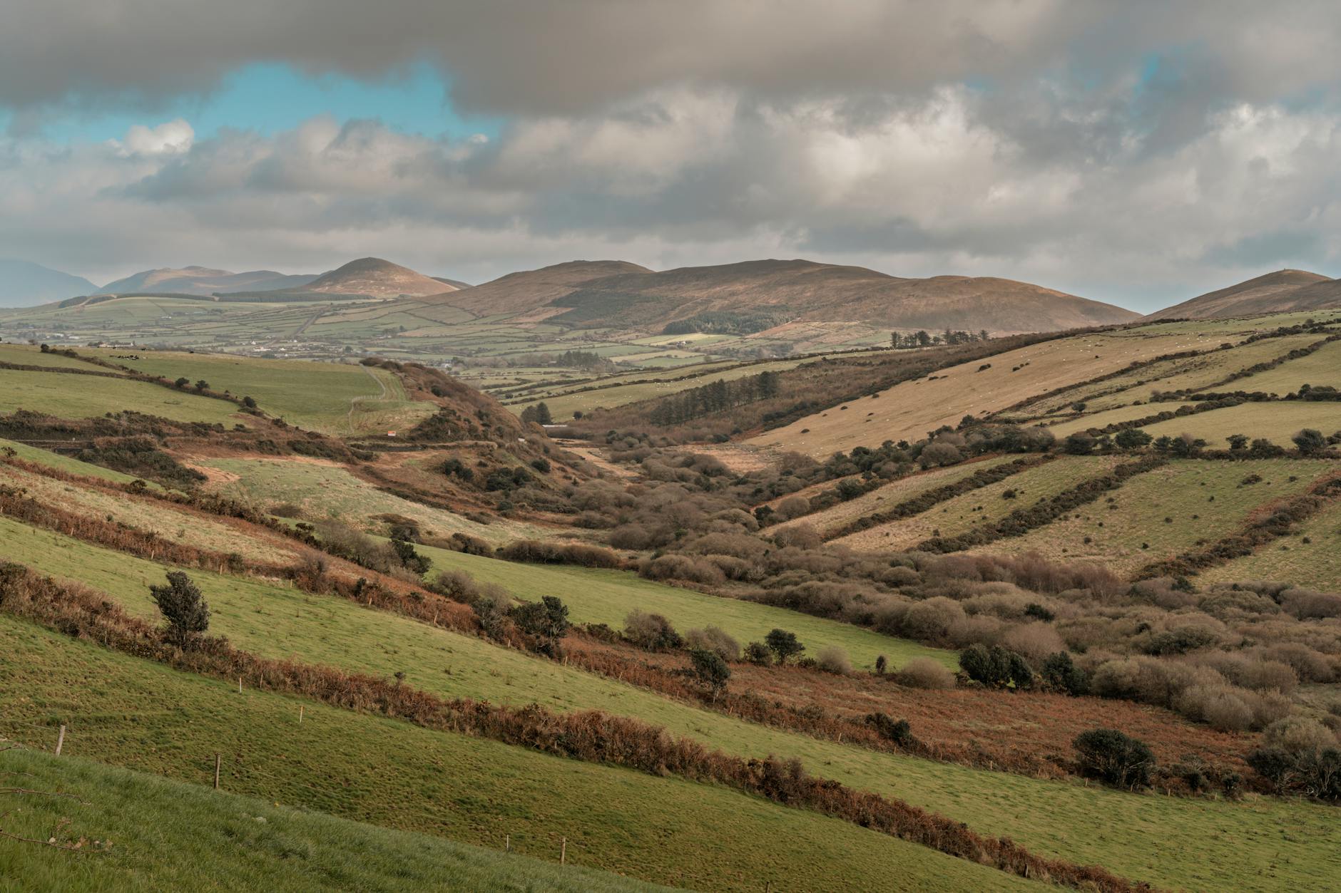 Rolling hills and rural landscape of the Irish countryside