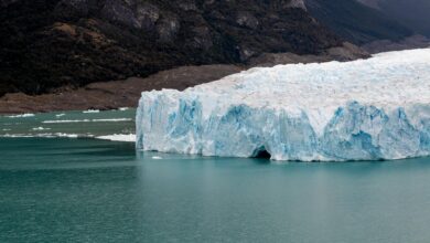Wide view of a glacial landscape in Patagonia with ice fields and rocky peaks under a dramatic sky