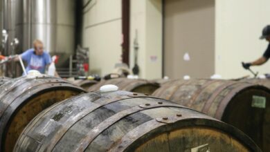 Rows of wooden whisky barrels aging in a traditional Scottish distillery warehouse
