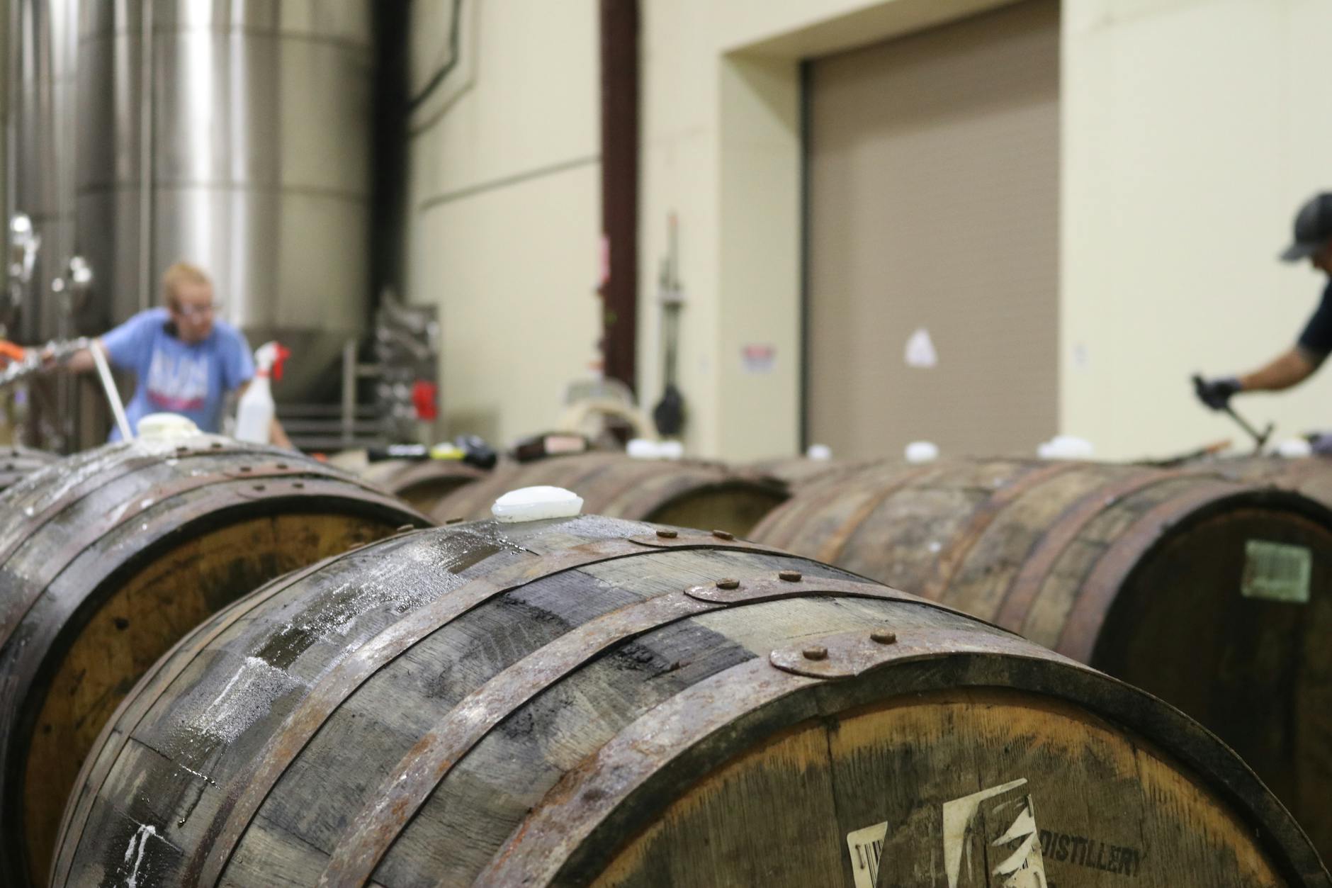 Rows of wooden whisky barrels aging in a traditional Scottish distillery warehouse