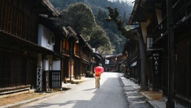 Traditional Japanese village with wooden houses and rural mountain landscape