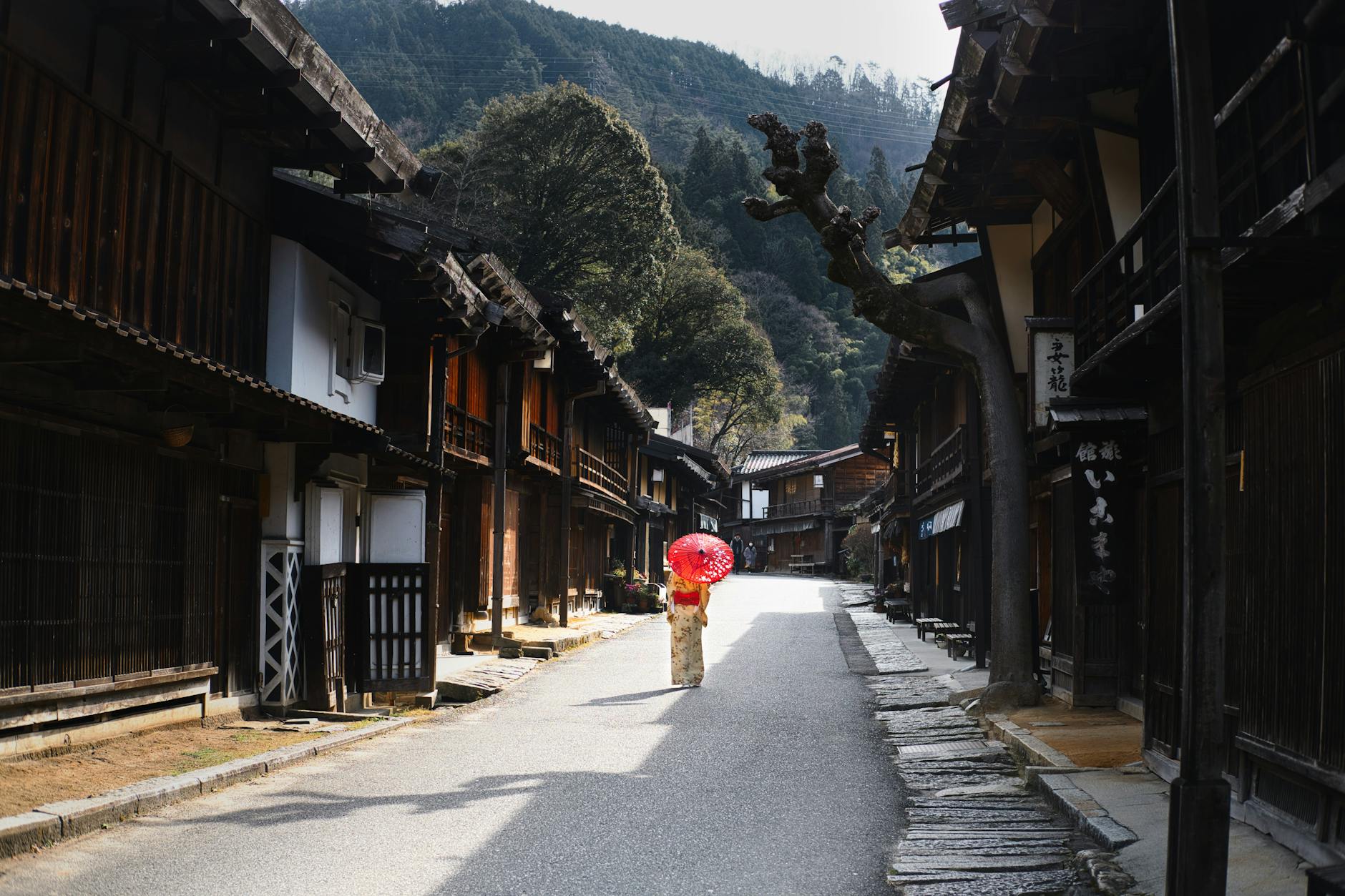 Traditional Japanese village with wooden houses and rural mountain landscape