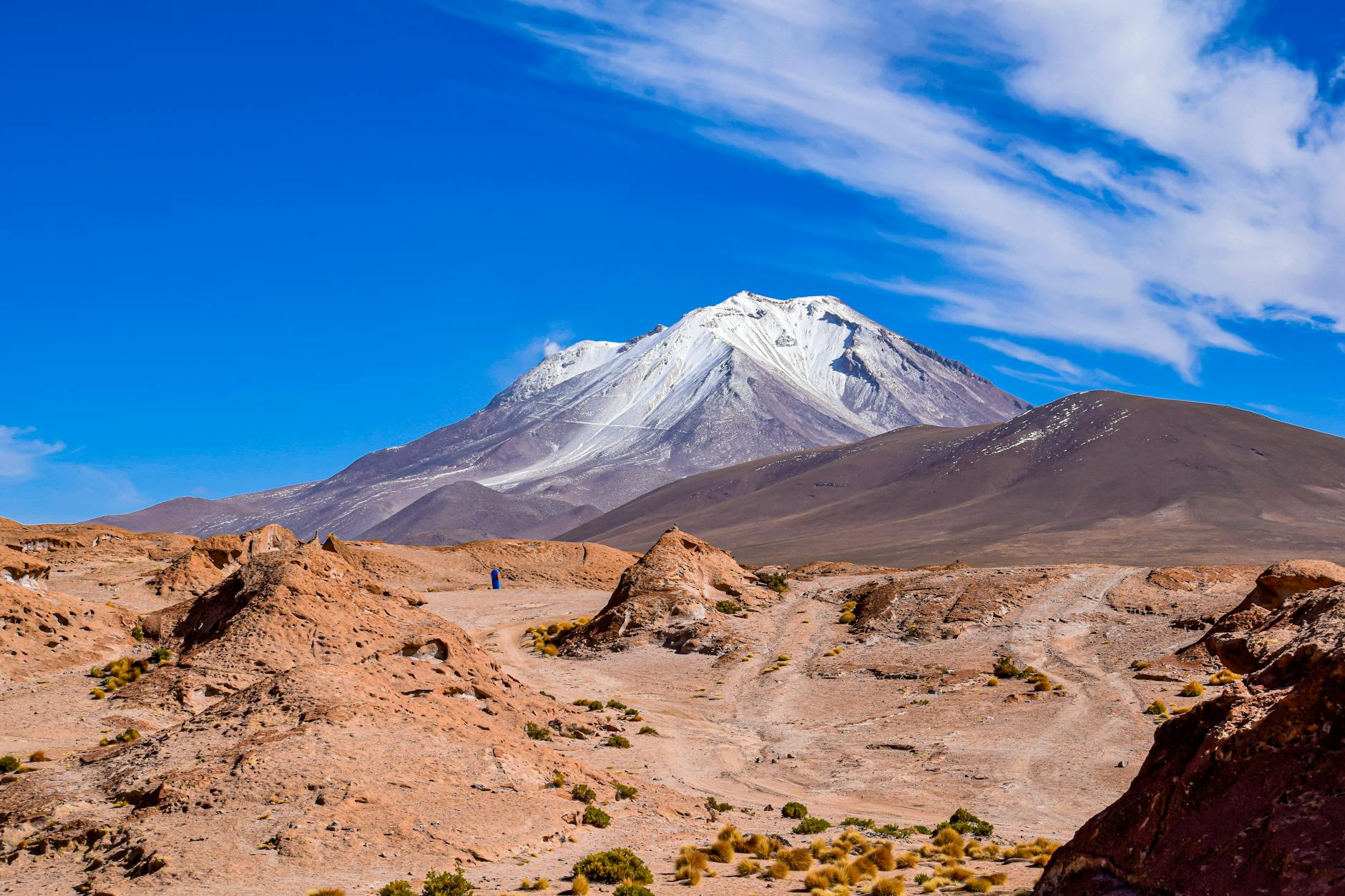 Wide open Bolivian Altiplano terrain with flat horizon and dramatic sky