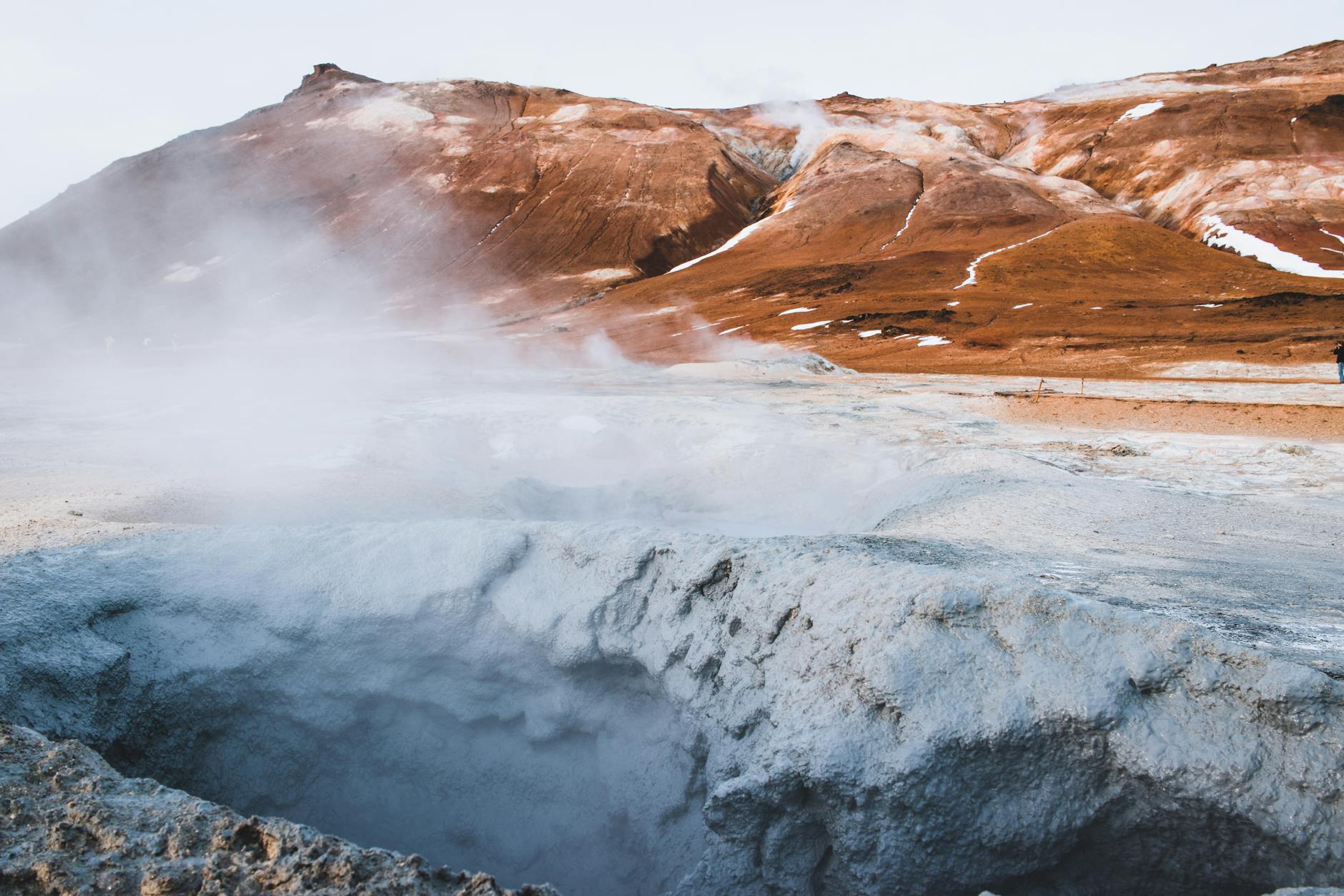 Geothermal field with steaming vents and rocky terrain