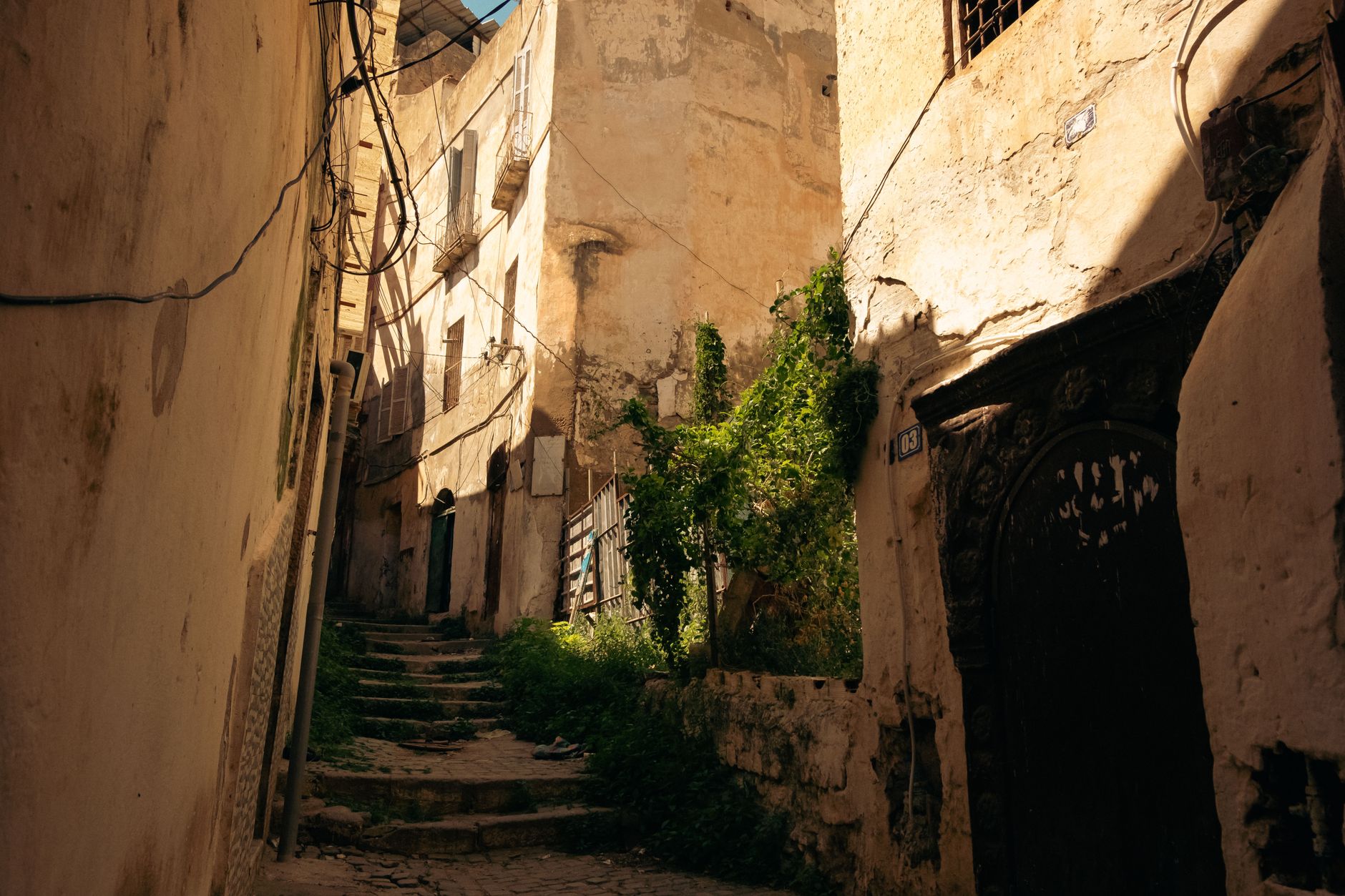 Narrow coral-stone alleyway in Zanzibar Stone Town with carved wooden doors and traditional architecture