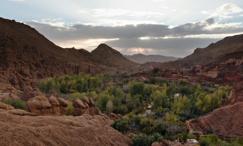 Narrow limestone canyon walls of Todra Gorge rising steeply above the canyon floor in Morocco