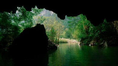 Dramatic limestone karst formations rising above a calm river valley in northern Laos