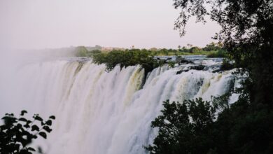 Wide view of the Zambezi River with green floodplains and distant escarpment under open sky
