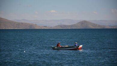 Deep blue waters of Lake Titicaca under a clear sky at high altitude