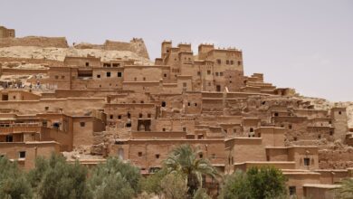 Ancient mud-brick kasbah in the Draa Valley with palm trees and rocky desert in the background
