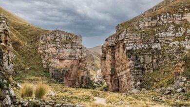 Deep Andean canyon with terraced hillsides and a river running through the valley floor