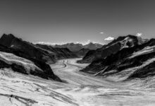 Wide glacial valley surrounded by snow-capped peaks in Central Asia