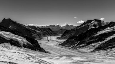 Wide glacial valley surrounded by snow-capped peaks in Central Asia