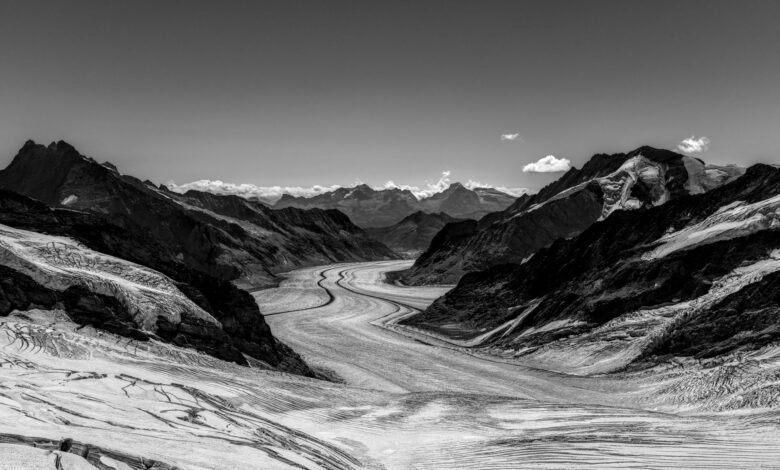 Wide glacial valley surrounded by snow-capped peaks in Central Asia