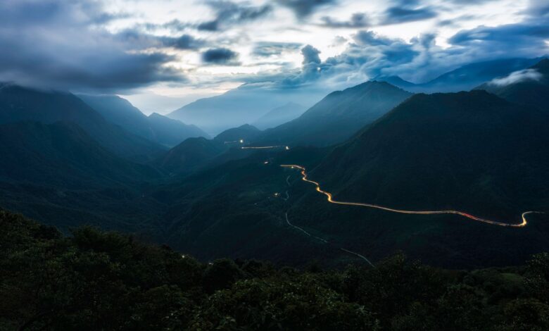 Winding mountain road through karst limestone landscape in northern Vietnam
