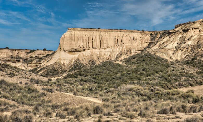 Towering sandstone rock formations rising from a Saharan desert landscape under a clear blue sky